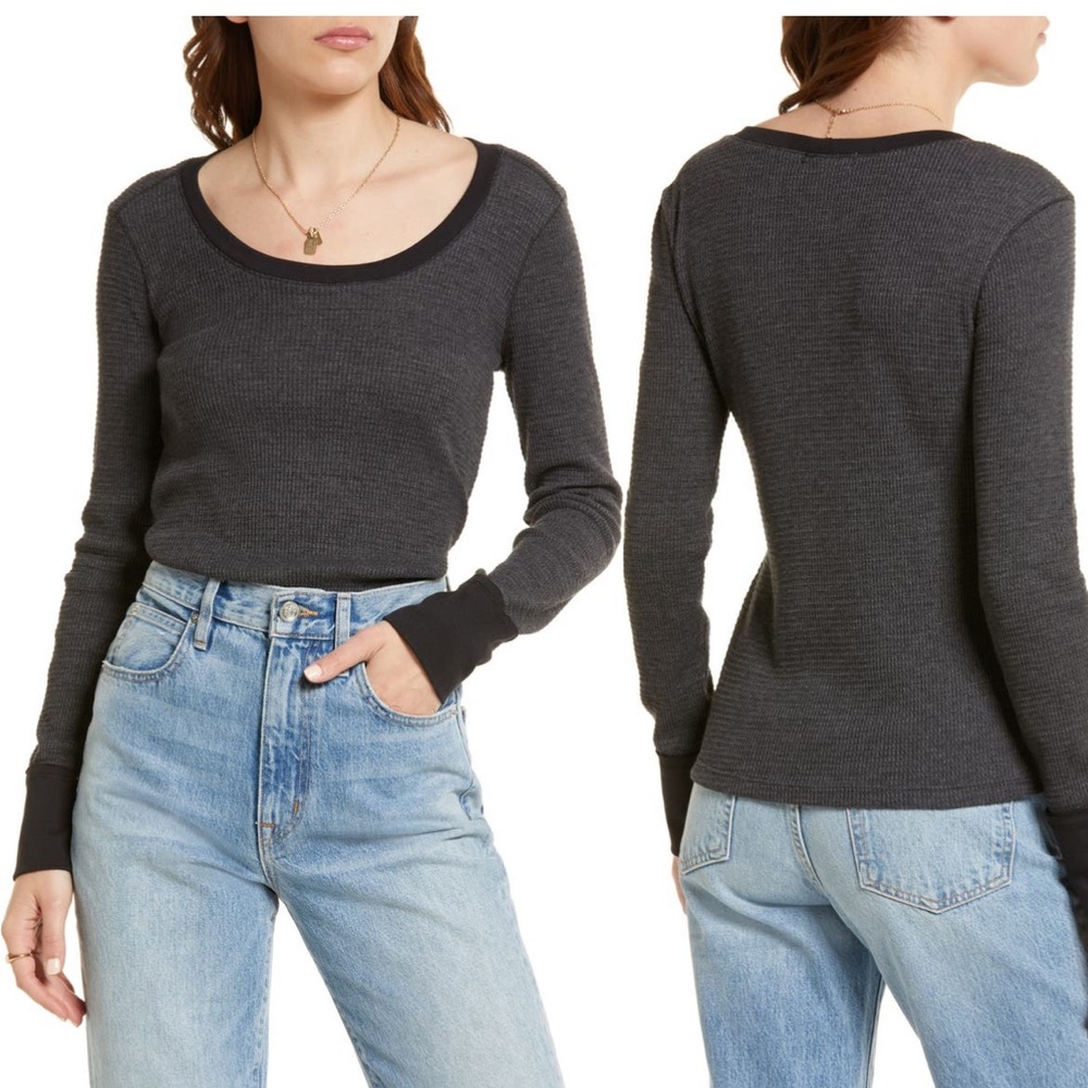 Treasure & Bond Long Sleeve Thermal Knit Top Gray Large